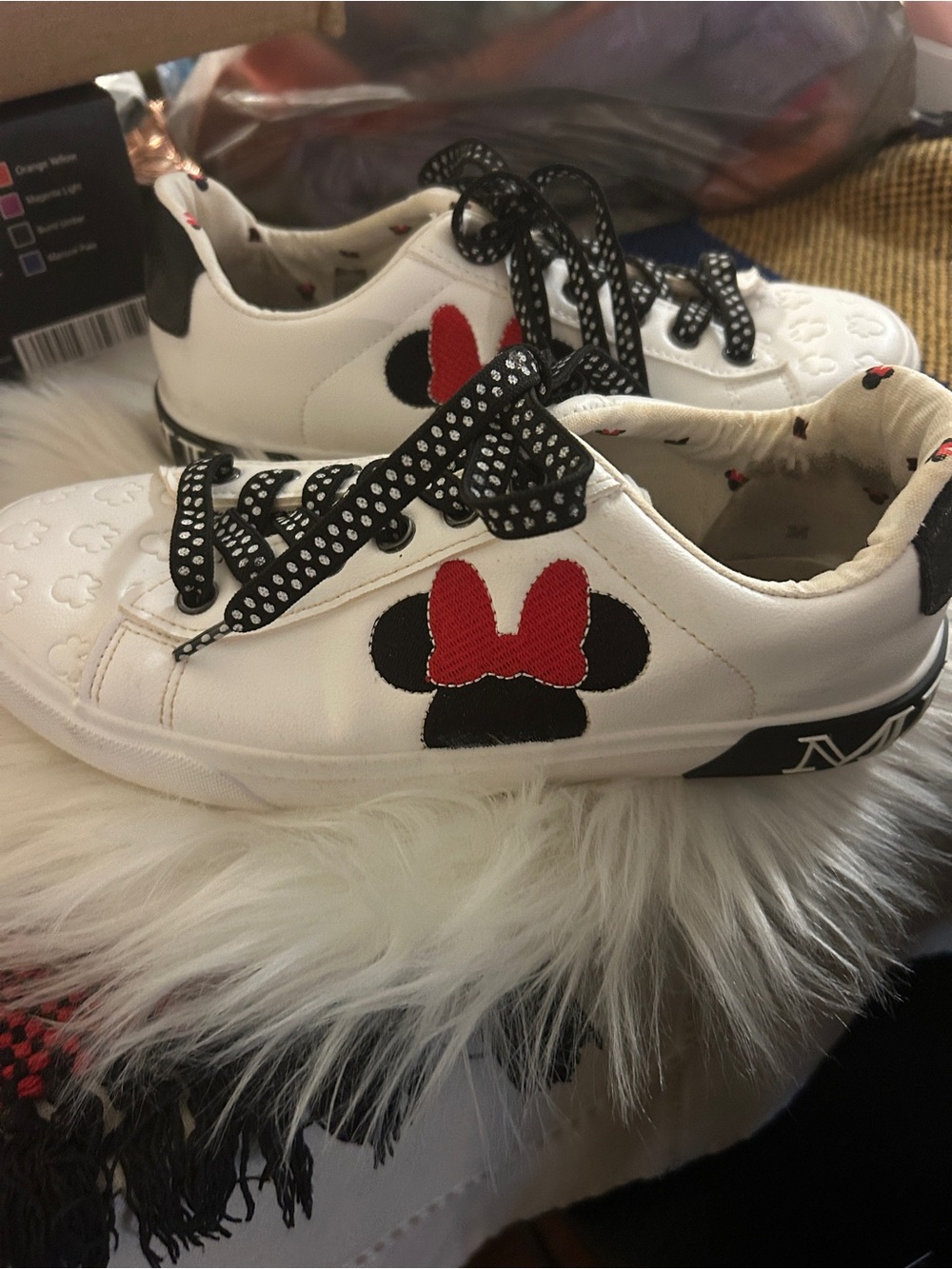 Amazon White Kids Sneakers with Red and Black Minnie Patch